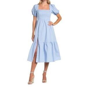 ASTR Poplin Tiered Midi Dress XS Puff Sleeve Blue NWT